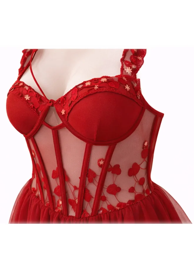 Caprisious  Women Sheer Babydoll Nightwear with Floral Embroidery – Mesh Lingerie Dress with Adjustable Straps & Lace Trim for Women | Best Price UAE